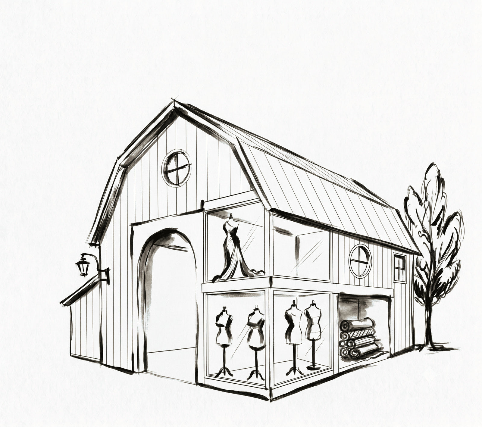 An ink drawing of The Long Barn: a timber barn with dress forms in its tall windows, a lantern by the door and a tree beside it.