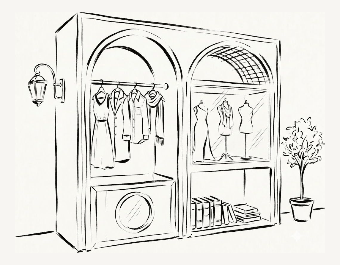 A line drawing of an open wardrobe: garments on a rail, dress forms behind glass, a mirror, and a shelf of books.