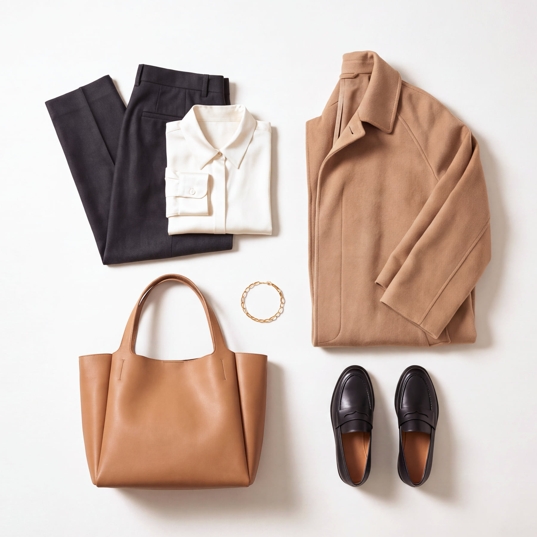A camel coat, charcoal trousers and an ivory silk shirt, folded, with a tan leather tote, a gold chain bracelet and black leather loafers, on a pale warm ground.