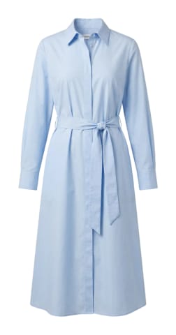 A pale sky-blue cotton shirt dress with a self-tie waist.