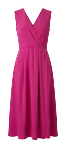 A sleeveless fuchsia silk midi dress with a wrap neckline.