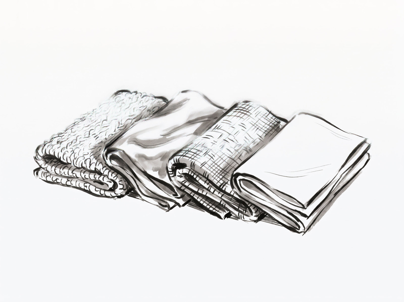 An ink drawing of four folded cloths laid side by side: a knit, a silk, a tweed and a linen.