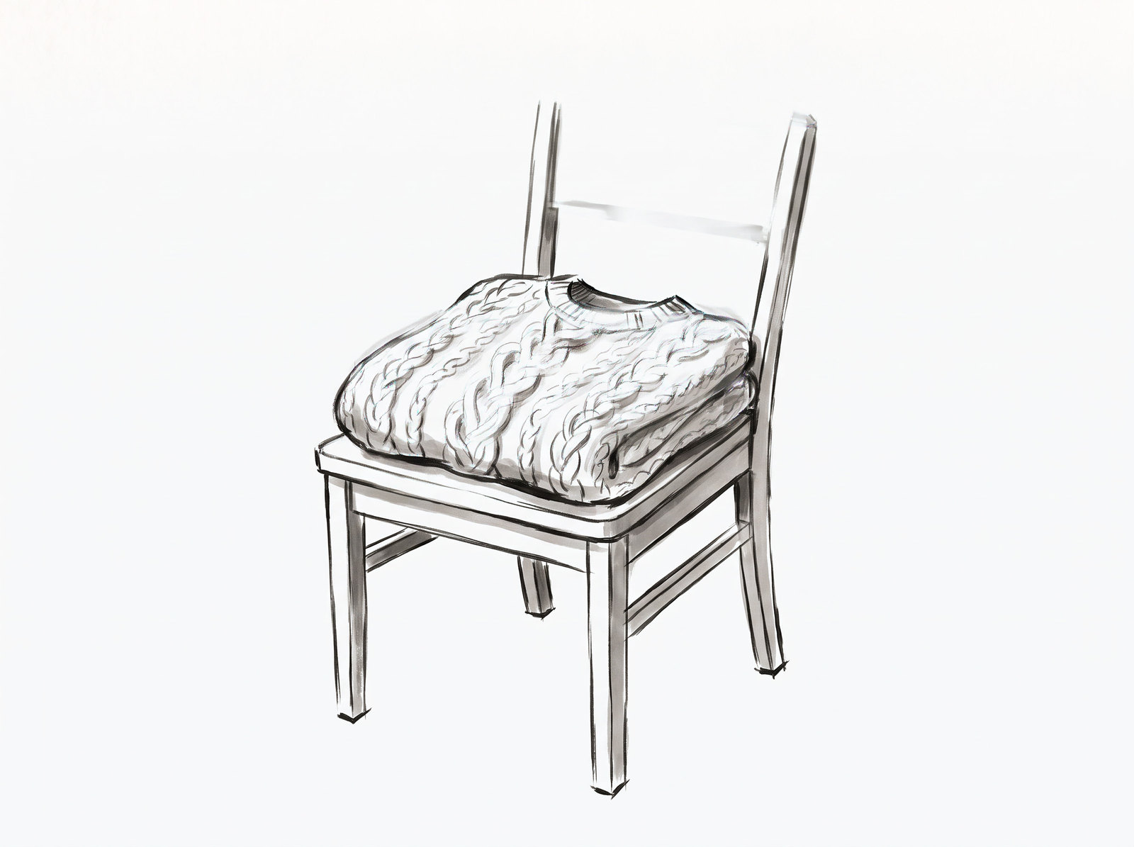 An ink drawing of a cable-knit sweater folded on the seat of a plain wooden chair.
