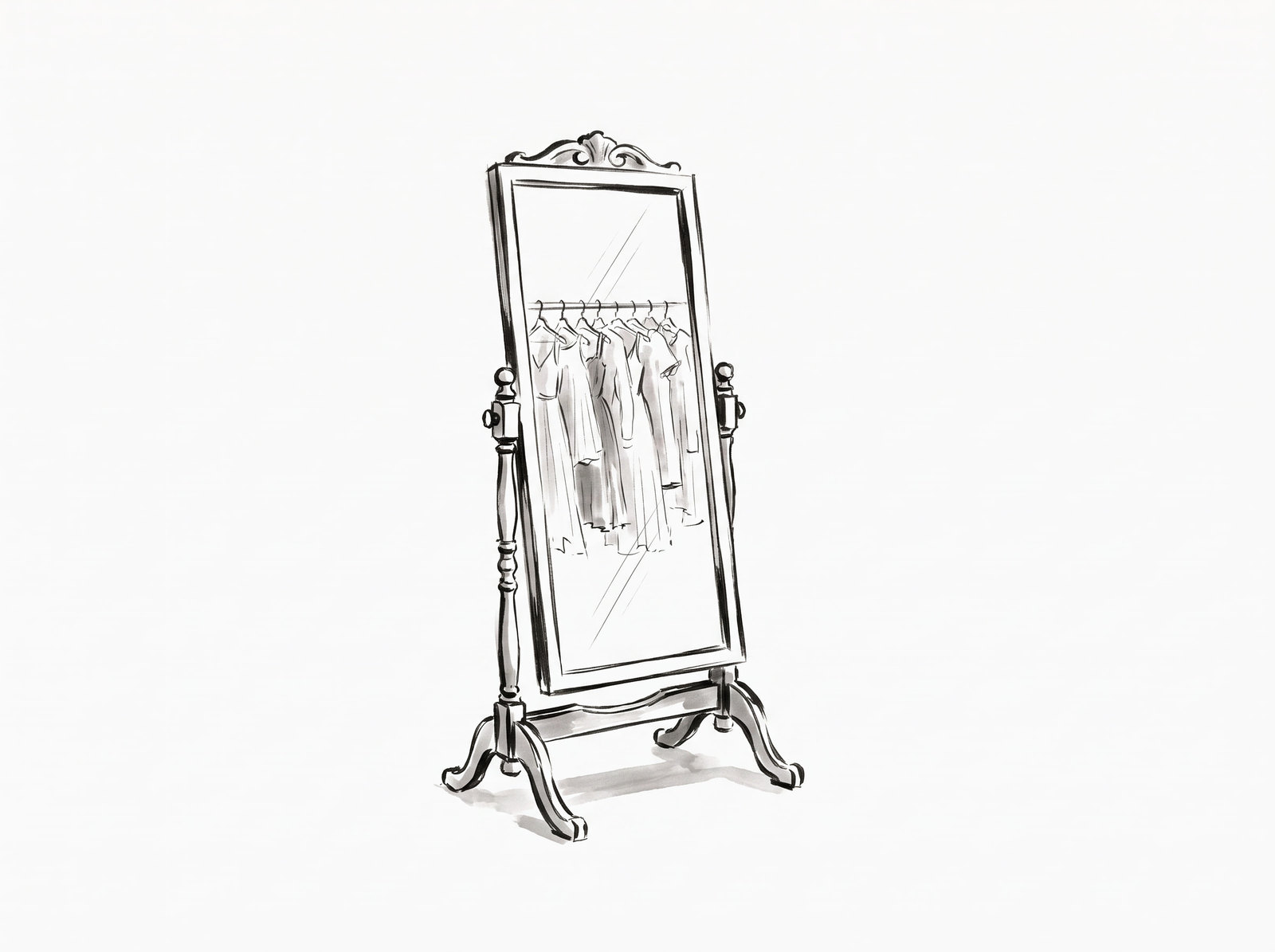 An ink drawing of a cheval mirror, a rail of clothes on hangers reflected in its glass.