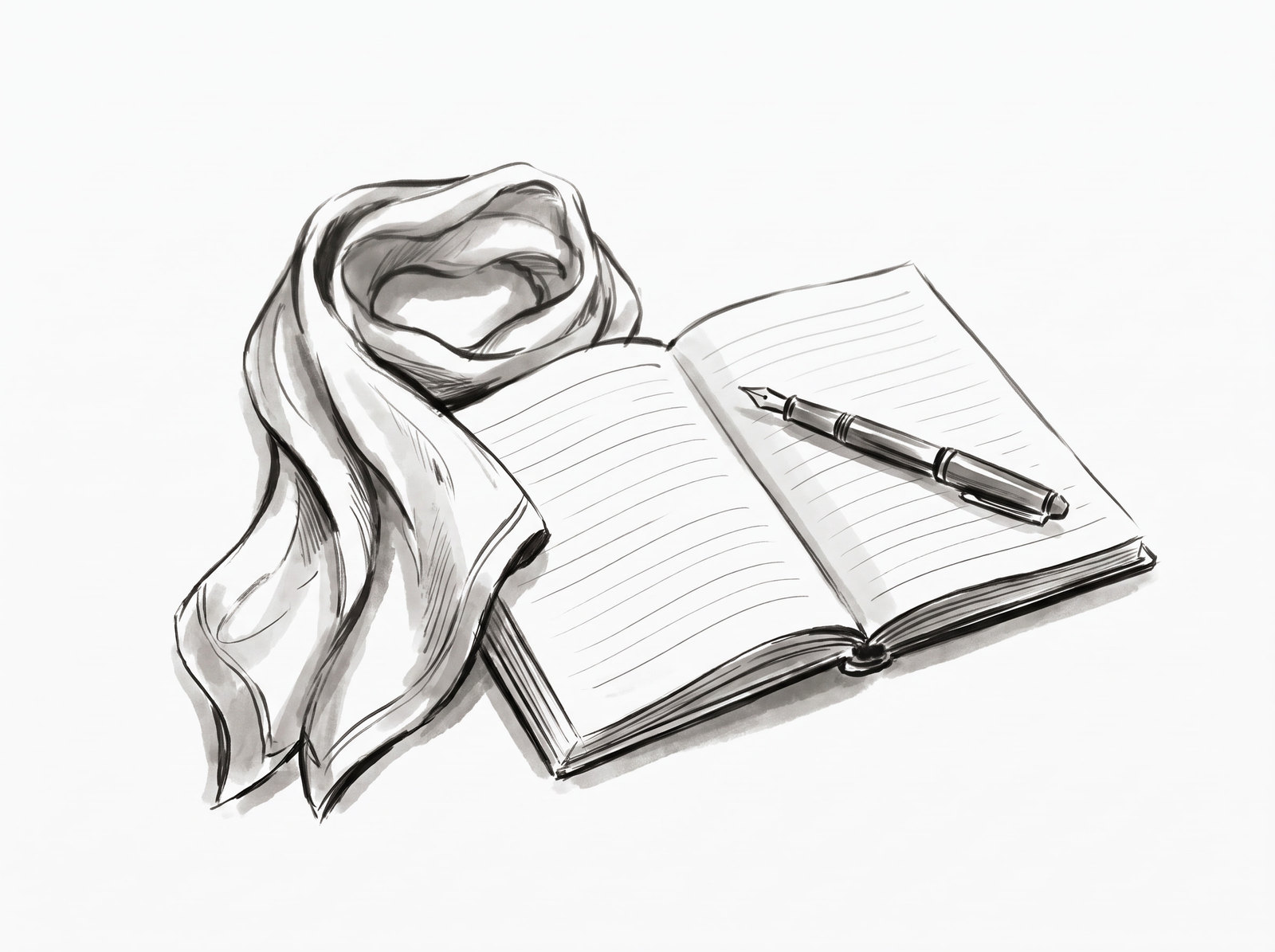 An ink drawing of an open ruled notebook with a fountain pen across the page and a silk scarf folded beside it.