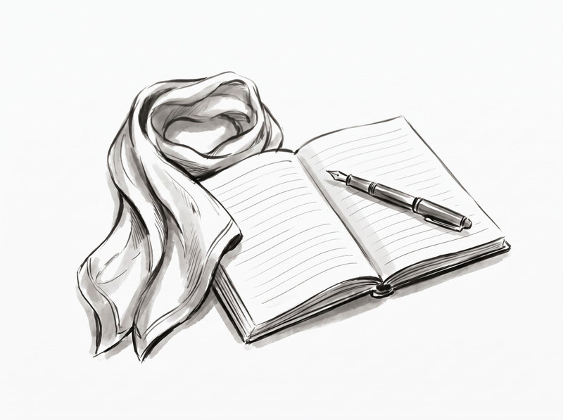 An ink drawing of an open ruled notebook with a fountain pen across the page and a silk scarf folded beside it.