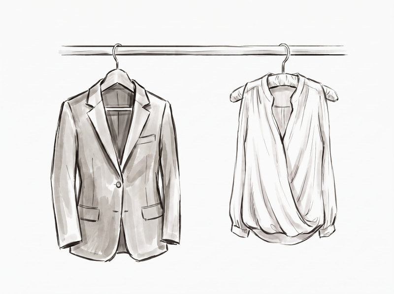 An ink drawing of a tailored jacket on a broad wooden hanger, hooked over a plain rail beside a silk blouse on a padded hanger.