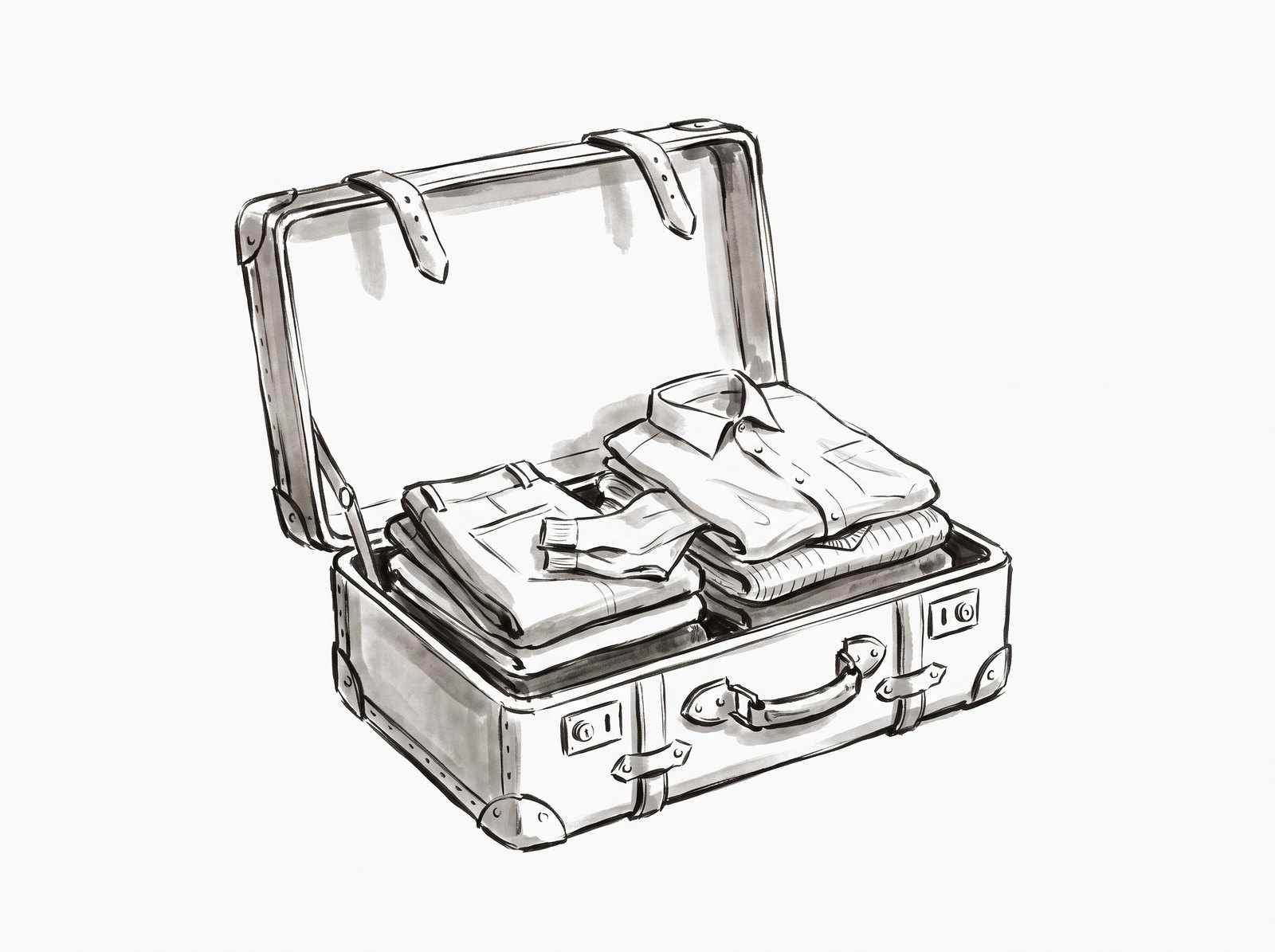 An ink drawing of an open vintage suitcase with leather straps, a few shirts and knits folded inside.