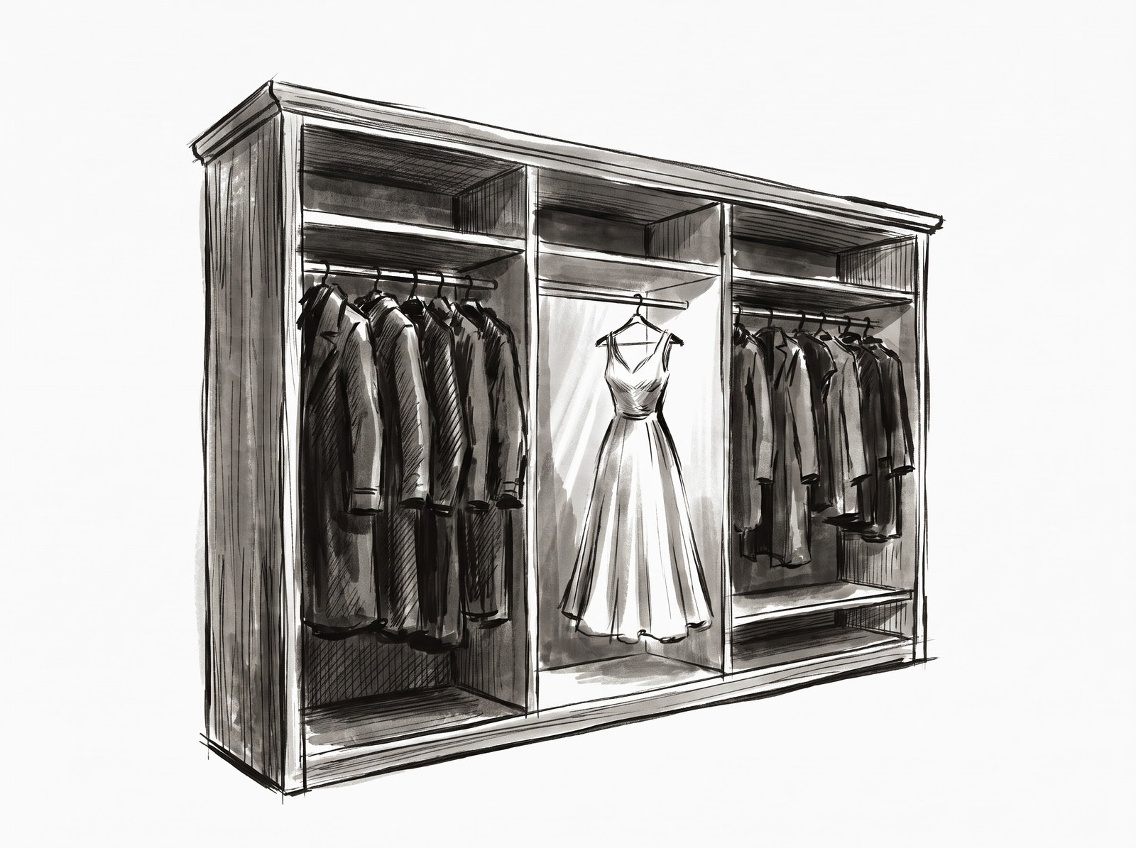 An ink drawing of an open wardrobe, dark coats crowded on either side and a single dress lit in the middle.