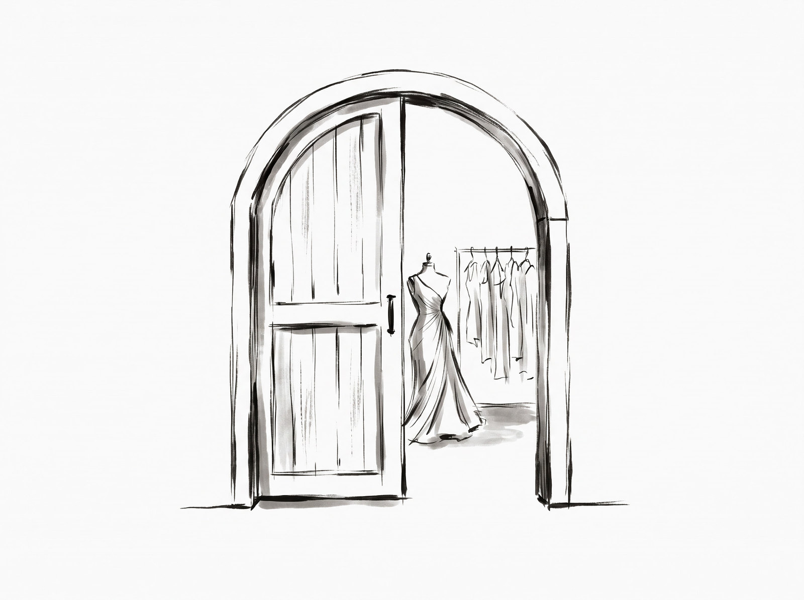 An ink drawing of an arched door standing open, a dress form and a rail of hanging clothes in the room beyond.
