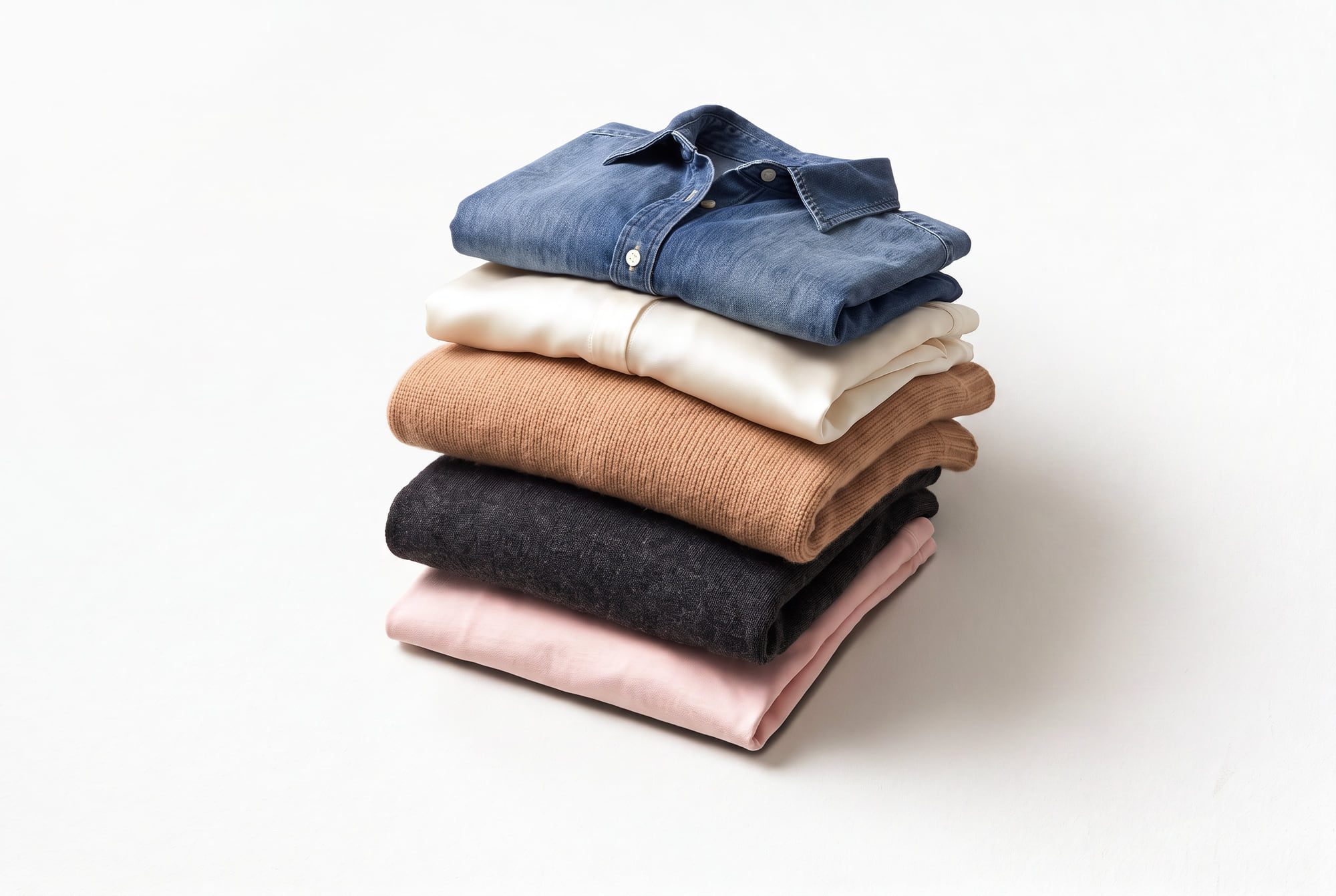 A stack of folded garments from different years: a faded denim shirt, ivory silk, a camel knit, charcoal wool and pale pink cotton.